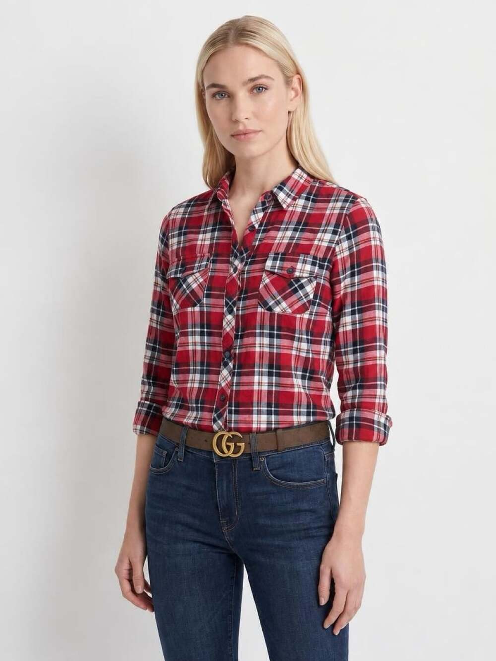 Passport Plaid Button Down Shirt Size S Red Long Sleeve Pockets